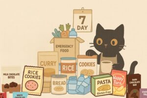 7日分の備蓄食料をチェックする黒猫のルナ。