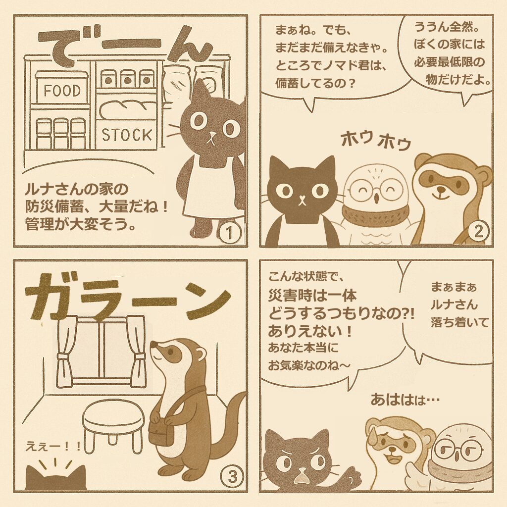 ミニマリストのフェレットノマドくんは、防災備蓄をしっかりしていきたい黒猫ルナさんに、何の備えもしていない事を責め立てられる。